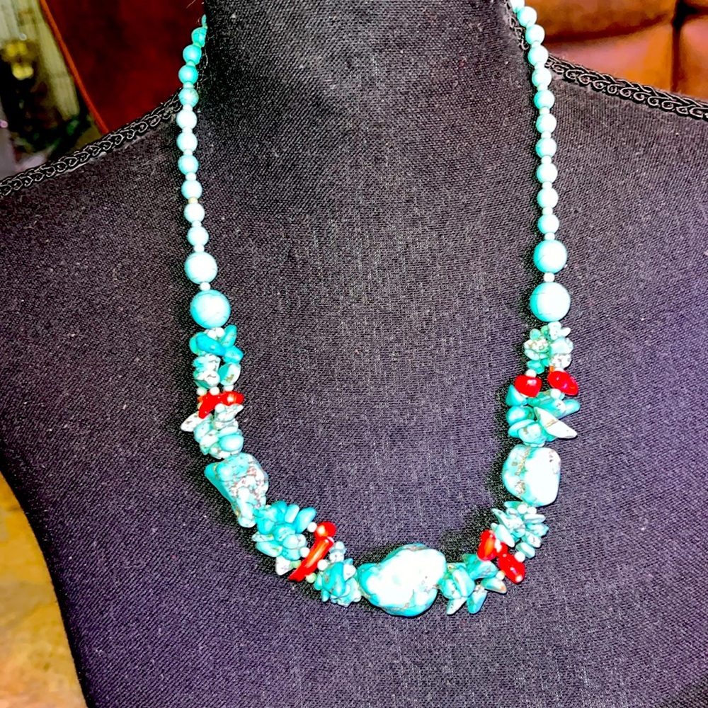 Chunky Vintage Turquoise and Coral Necklace!!!!